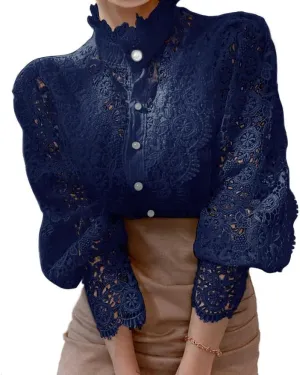 ZOCAVIA Women's Vintage Victorian Blouses Elegant Lace Crochet Tops Dressy Casual Mock Neck Puff Long Sleeve Button Up Shirts